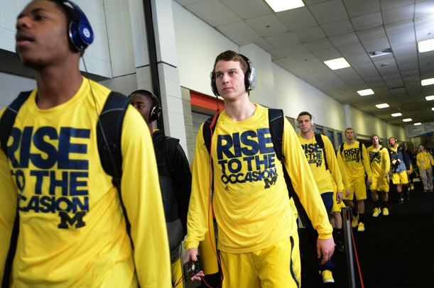 The Michigan basketball team makes their way into the locker room at the Georgia Dome before the Final Four in Atlanta on Saturday, April 6, 2013. Melanie Maxwell I AnnArbor.com